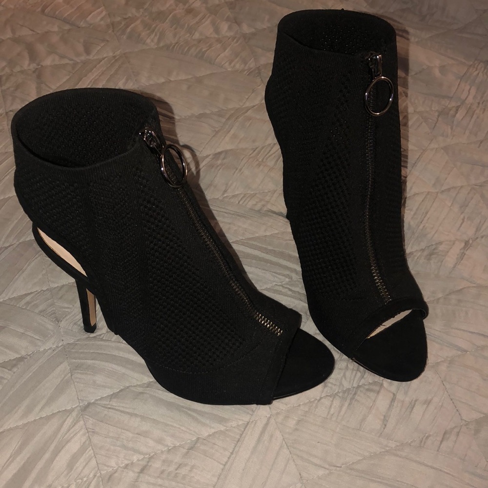 Zara black sock peep toe heels.